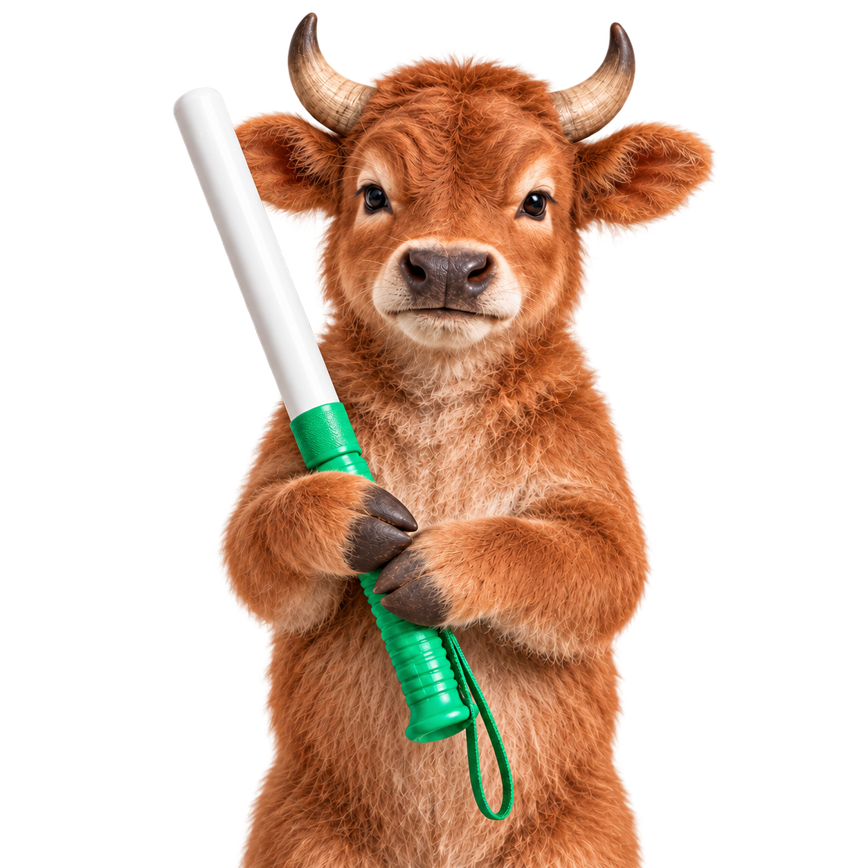 A fluffy orange baby bull holding a white baton with a green handle